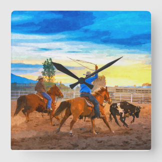 Rodeo Team Roping Sunset Corral Rustic Western Fyrkantig Klocka