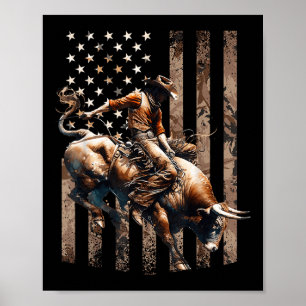 Rodeo tjurfäktare Patriotisk Cowboy Usa Flagga Öke Poster