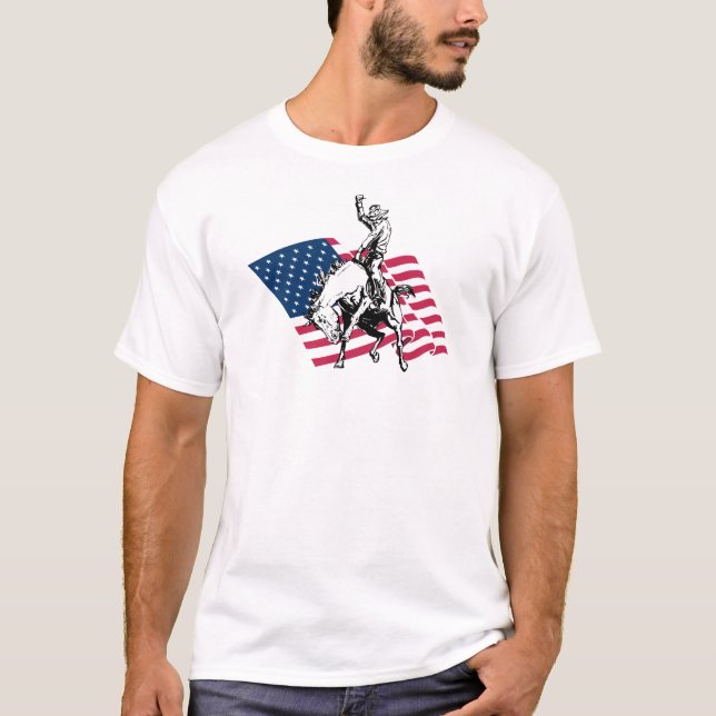 Rodeo USA - Amerika, Cowboyhäst och flagga T-shirt (Framsida)