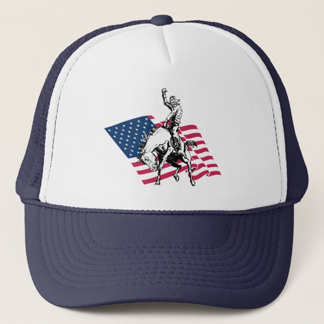 Rodeo USA - Amerika, Cowboyhäst och flagga Truckerkeps (Framsida)