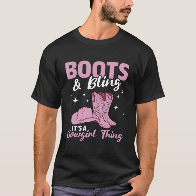 Rodeo Western Land Southern Cow Boots Bling T Shirt (Framsida)