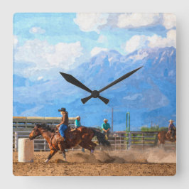 Rodeo Women's Barrel Tävla Rustic Western Fyrkantig Klocka