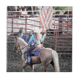Rodeoflaggahäst och Cowgirl Kakelplatta
