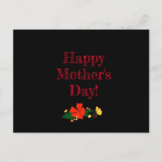 Rödfärgad blomma, mors dag mönster, svart vykort (Framsida)