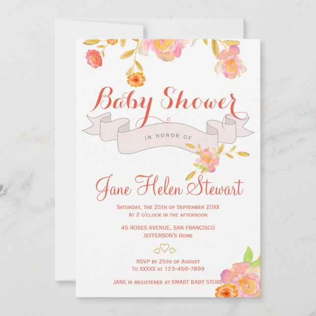 Rödfärgad blommigt vattenfärgad babydusch för färg inbjudningar (Framsida)