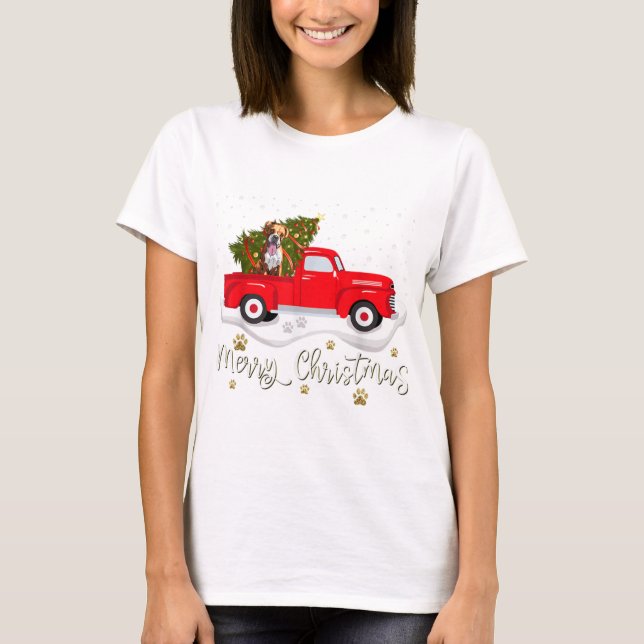 Rödfärgad lastbil god jul träd hund christmas t shirt (Framsida)