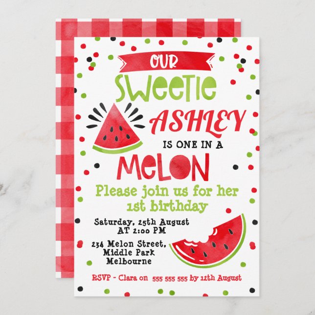 Rödfärgad vattenfärgad en i en Melon födelsedagsin Inbjudningar (Fram/baksida)