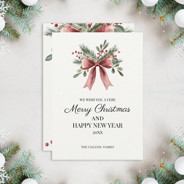 Rödfärgat menyfliksområde Bow Berries Enkel jul Julkort (Watercolor Red Ribbon Bow Berries Simple Christmas Holiday Card)