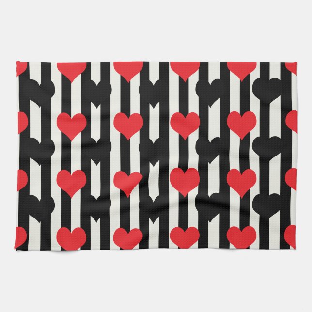 Rödfläckad svart Kärlek Heart-Mönster-design Kökshandduk (Horisontell)