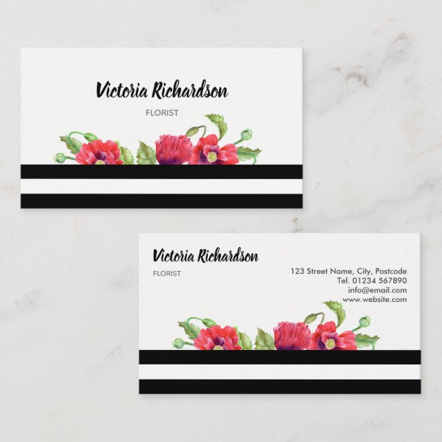 Rödfläckar, vattenfärg, Blommigt design Visitkort (Fram/baksida)