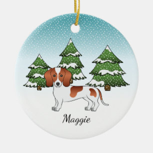 Rödfläckig korthårig Dachshund - Vinter skog Julgransprydnad Keramik