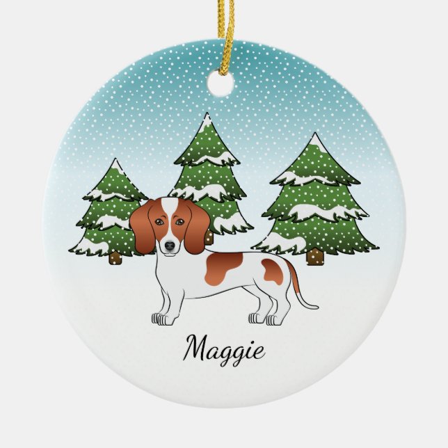 Rödfläckig korthårig Dachshund - Vinter skog Julgransprydnad Keramik (Framsidan)