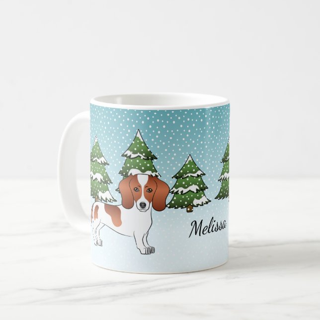 Rödfläckig släthårig Dachshund Hund - Vinter Skog Kaffemugg (Framsida vänster)