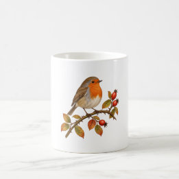 Rödhake bland höstens nypon kaffemugg