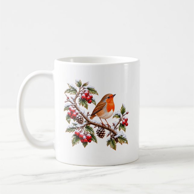 Rödhake på snöig vintergren jul kaffemugg (Vänster)