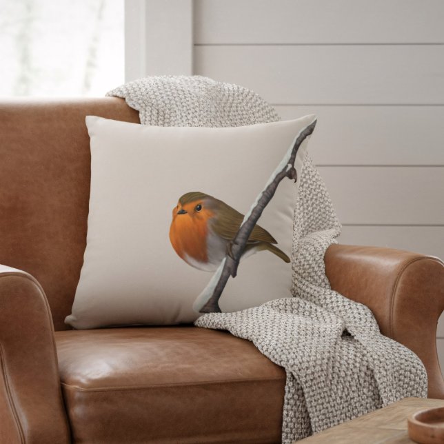Rödhake Vintergren Naturlig Kastkudde Kudde (A lone robin sits on a winter branch. He would love to sit on your sofa or armchair)