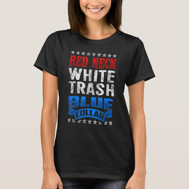 Rödhalsad vit skräp blåstrumpig röd hals t shirt (Framsida)