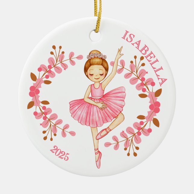 Rödhårig ballerina i rosa julgransprydnad keramik (Framsidan)