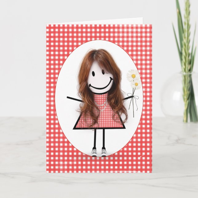 Rödhårig Birthday Stick figur Girl på Gingham Kort (Framsida)