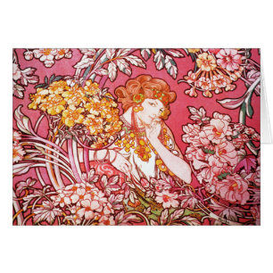 Rödhårig bland blommor, Alphonse Mucha Hälsningskort