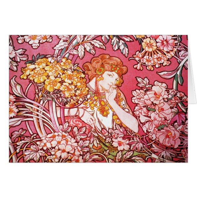 Rödhårig bland blommor, Alphonse Mucha Hälsningskort (Framsidan Horizontal)