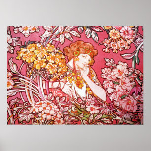Rödhårig bland blommor, Alphonse Mucha Poster