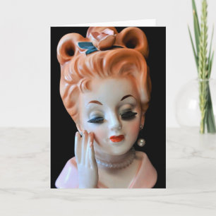 Rödhårig Dam Head Vas Rosa ros i Hair Doll Kort