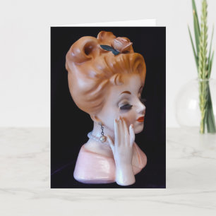 Rödhårig Dam Head Vas Rosa ros i Hair Doll Kort