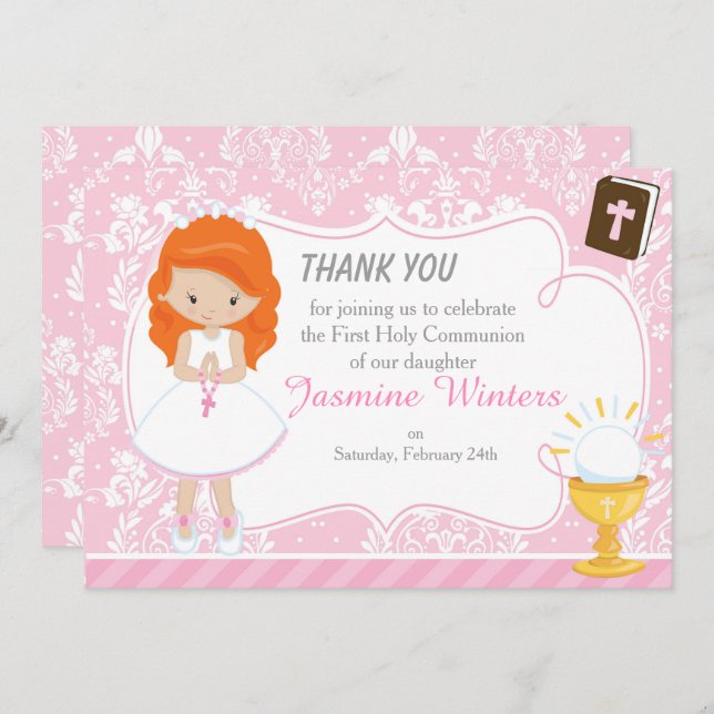 Rödhårig flicka Första kommunion Tack (Fram/baksida)