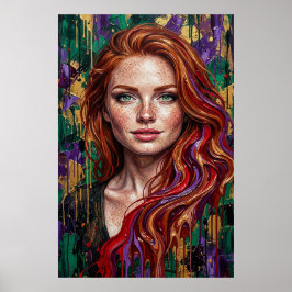 Rödhårig flicka fräknar impasto-målning droppkonst poster