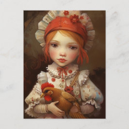 Rödhårig flicka håller sin tama kyckling AI-konst Vykort