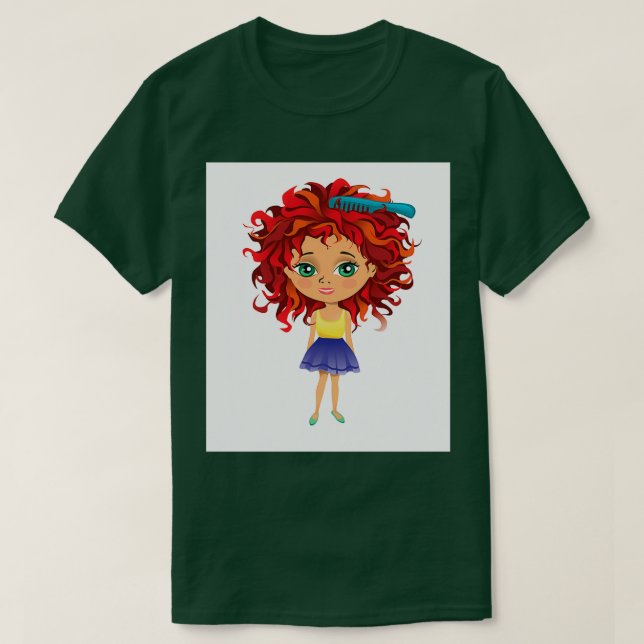 Rödhårig flicka som står med hårborste t shirt (Design framsida)