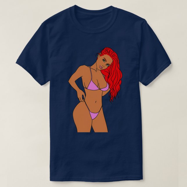 Rödhårig Girl in Rosa Bikini T Shirt (Design framsida)