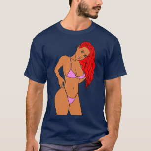 Rödhårig Girl in Rosa Bikini T Shirt