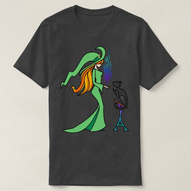Rödhårig Grönt Witch Skapar magi T Shirt (Design framsida)