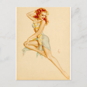 Rödhårig hawaiikostym pinup vykort