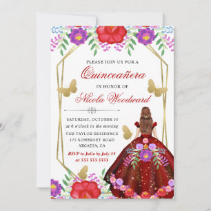 Rödhårig i mexikansk blomsterklänning Quinceañera Inbjudningar