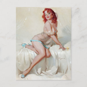 Rödhårig i Tofflor Pin Up Vykort