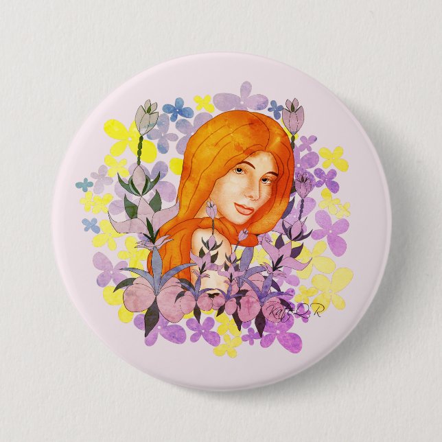 Rödhårig i trädgården. Vattenfärg Knapp (Framsida)