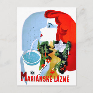 Rödhårig kvinna dricker vatten, Marianske Lazne Vykort