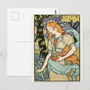 Rödhårig kvinna som plockar blommor Art Nouveau Vykort