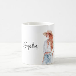 Rödhårig kvinnas jeans kaffemugg