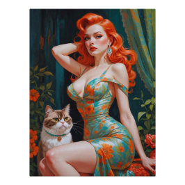 Rödhårig Pin-Up med katt Blommigt Perfect Poster
