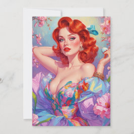 Rödhårig Pin-Up med Påskägg Rosa Blommor Julkort