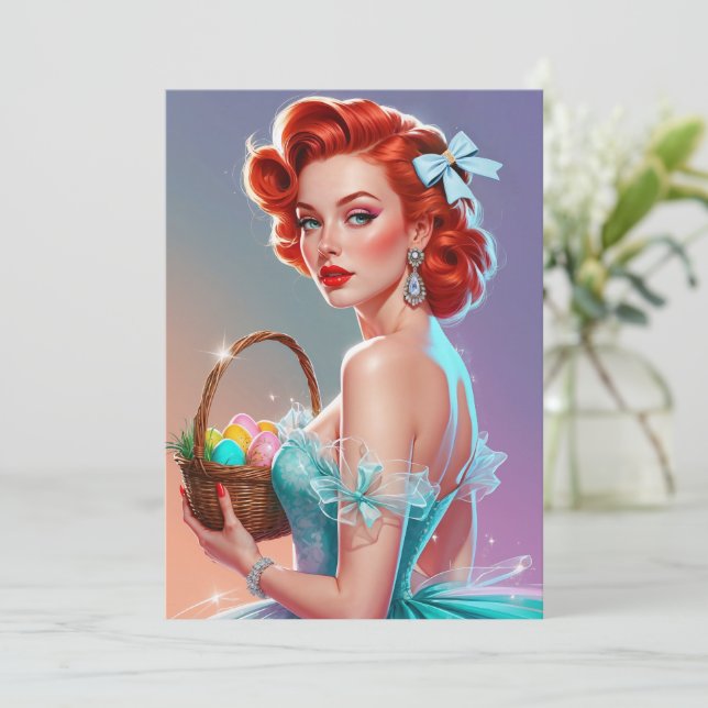 Rödhårig Pin-Up påskäggs korg Julkort (Stående Fram)