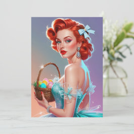 Rödhårig Pin-Up påskäggs korg Julkort