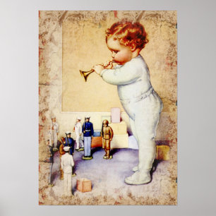 Rödhårig Pojke Blowing Horn to Soldiers Poster