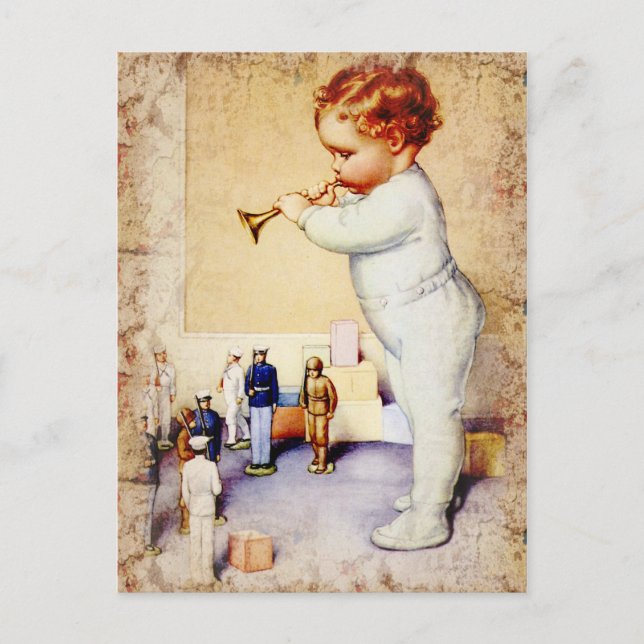 Rödhårig Pojke Blowing Horn to Soldiers Vykort (Framsida)