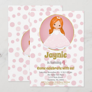 Rödhårig Rosa Princess Girls Birthday-inbjudan Inbjudningar