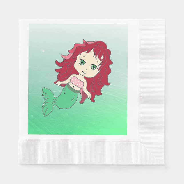 Rödhårig Sjöjungfru Coral Birthday Papper Napkins Pappersservett (Framsidan)